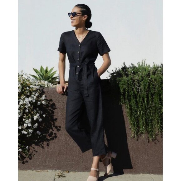 Everlane Pants - EVERLANE Women 100% Linen Short Sleeve Jumpsuit Size 10 Black